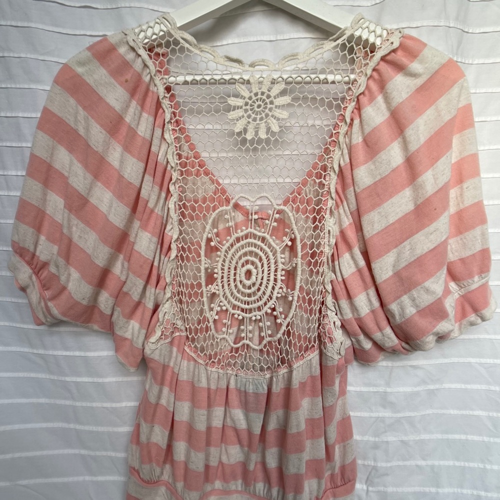 Pink White Stripes Cut Out Back Top Boho Lace Top